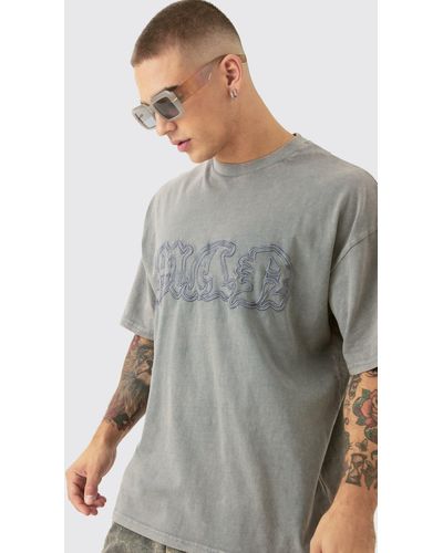BoohooMAN Oversized Acid Wash Official Embroidered Distressed T-shirt - Gray