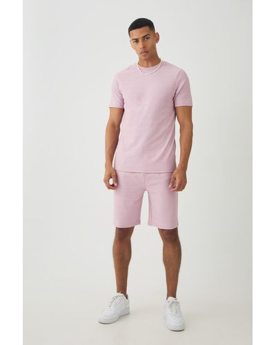 BoohooMAN Slim Jacquard Stripe T-shirt & Short Set - Pink