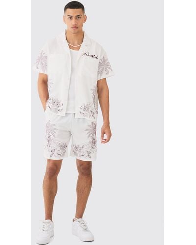 BoohooMAN Boxy Seersucker Embroidered Floral Shirt & Short - White