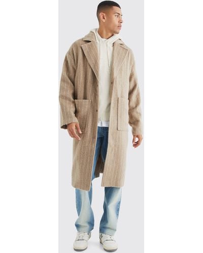 BoohooMAN Single Breasted Brushed Stripe Overcoat - Natural