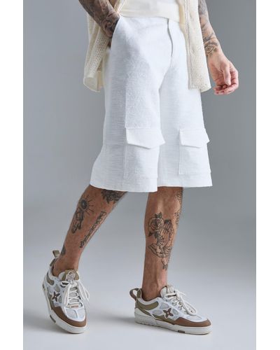 BoohooMAN Tall Textured Cotton Jacquard Smart Cargo Shorts - White