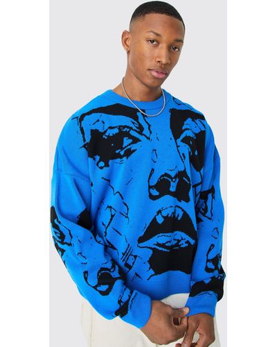 BoohooMAN Oversized Boxy Drop Shoulder Face Jacquard Knit Sweater - Blue