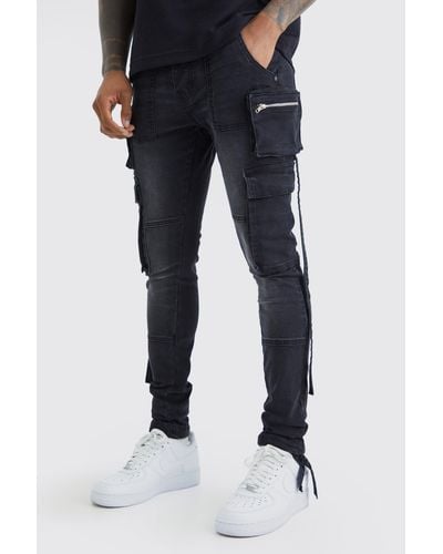 BoohooMAN Super Skinny Stretch Strap Detail Cargo Jeans - Blue