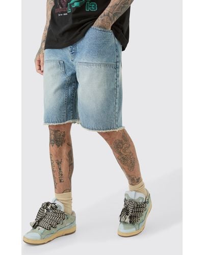 BoohooMAN Tall Raw Hem Rigid Denim Carpenter Shorts In Light Wash - Blue