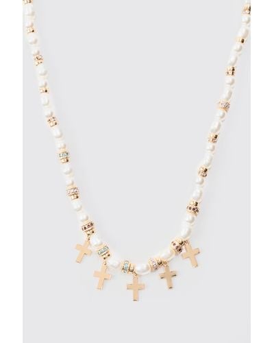Boohoo Pearl Bead Necklace With Cross Charms In Gold - Metallic