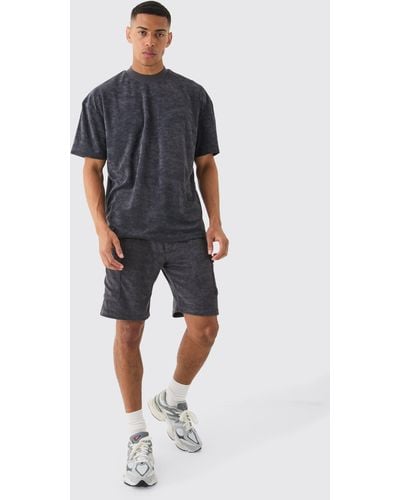 BoohooMAN Oversized Extended Neck Towelling T-shirt & Cargo Shorts - Blue