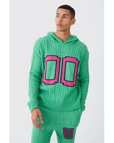 BoohooMAN Boxy 00 Brushed Cable Knitted Hoodie - Green