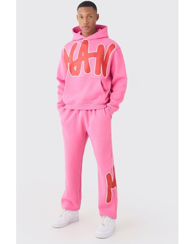 BoohooMAN Oversized Man Graphic Hooded Tracksuit - Pink
