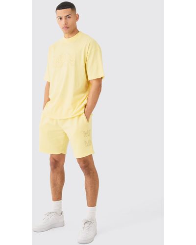 BoohooMAN Boxy Zip Through Distressed Hooded Short Tracksuit - Yellow