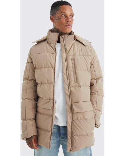 Boohoo Longline Quilted Puffer With Hood - Natural