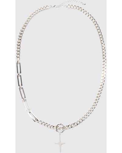 BoohooMAN Half Chunky Chain Pendant Necklace In Silver - Weiß