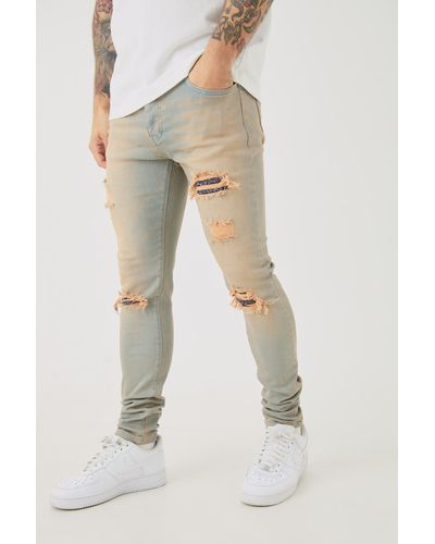 BoohooMAN Skinny Stretch Ripped Bandana Jeans In Antique Wash - Natural
