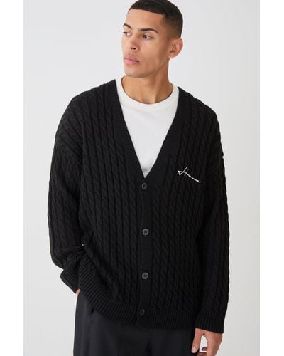 BoohooMAN Oversized Homme Cable Knitted Cardigan - Black