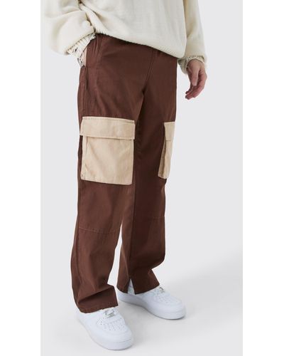 BoohooMAN Elastic Waist Twill Contrast Pocket Trouser - Brown