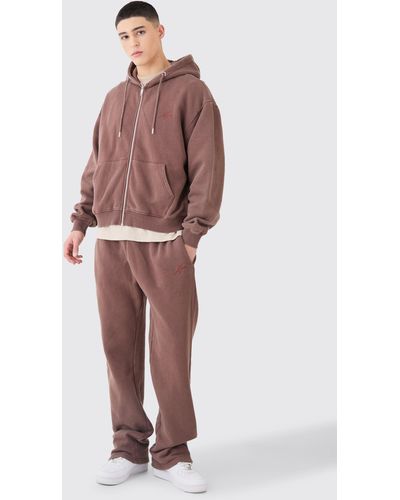 BoohooMAN Oversized Man Boxy Zip Hooded Washed Tracksuit - Red