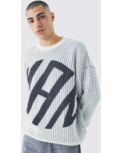 BoohooMAN Oversized Ribbed Knitted Crew Neck Jumper - Blue