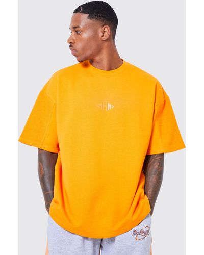 BoohooMAN Oversized Silicone Print Panelled T-shirt - Orange