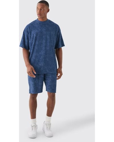 BoohooMAN Oversized Burnout Towelling Jacquard T-shirt & Short Set - Blue
