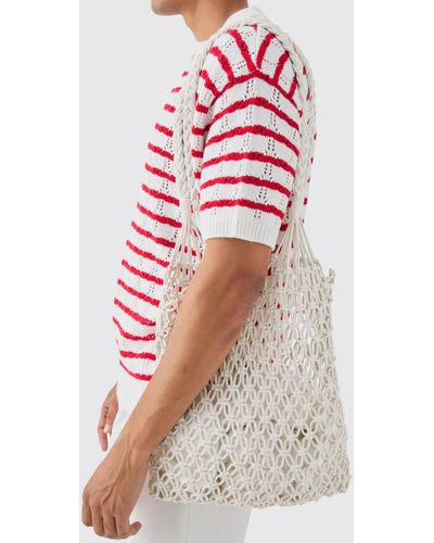 BoohooMAN Open Knit Crochet Tote Bag In White - Red