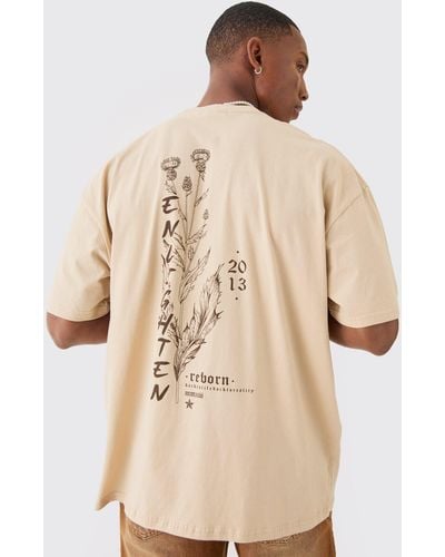 BoohooMAN Oversized Boxy Extended Neck Enlighten Printed T-shirt - Natural