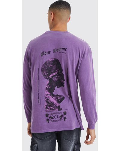 BoohooMAN Oversized Long Sleeve Skull Overdye T-shirt - Purple