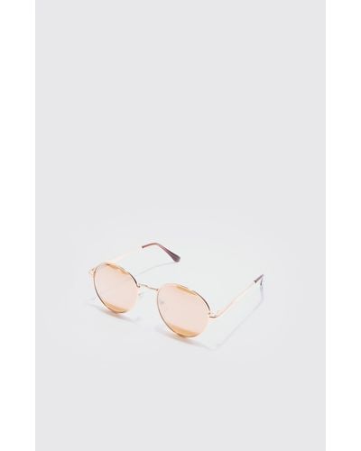 BoohooMAN Metal Round Sunglasses In Gold - White