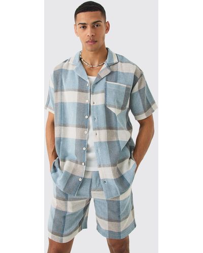 BoohooMAN Oversized Textured Flannel Shirt And Short - Blue