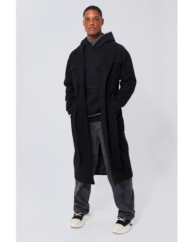 BoohooMAN 4 Pocket Longline Belted Overcoat - Black