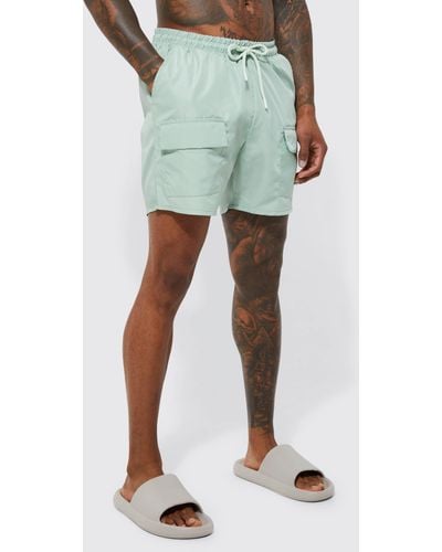BoohooMAN Mid Length Cargo Swim Shorts - Green