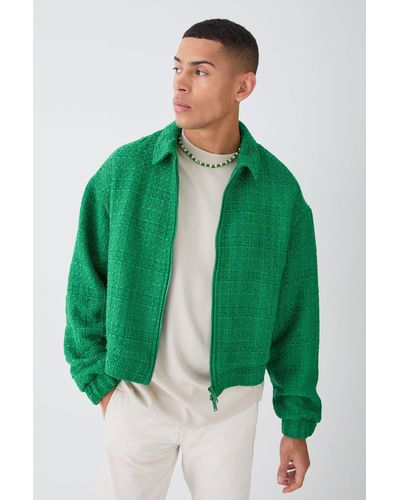 BoohooMAN Oversized Boxy Boucle Zip Through Jacket - Green