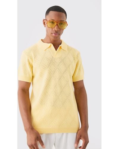 BoohooMAN Regular Fit Revere Open Stitch Polo In Yellow