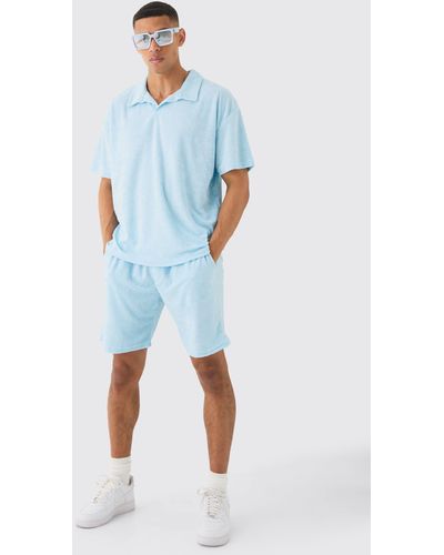 BoohooMAN Oversized Revere Towelling Polo & Shorts Set - Blue