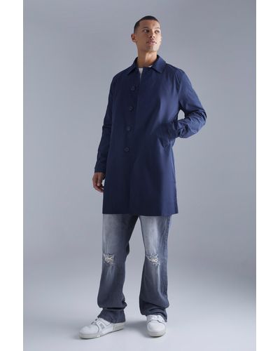 BoohooMAN Tall Single Breasted Poly Twill Mac - Blue