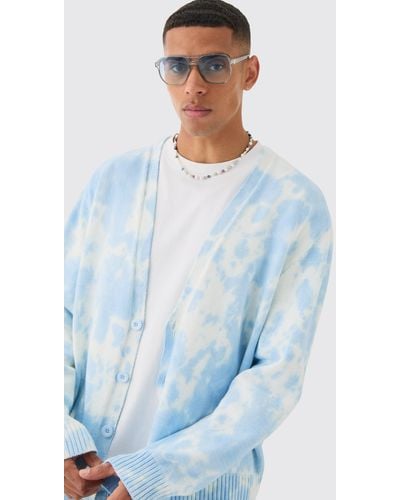 BoohooMAN Oversized Washed Knitted Cardigan In Light Blue