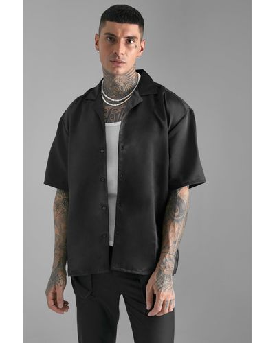 Boohoo Short Sleeve Oversized Boxy Revere Satin Shirt - Gray