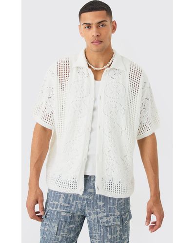 BoohooMAN Oversized Boxy Open Stitch Detail Knitted Shirt In White
