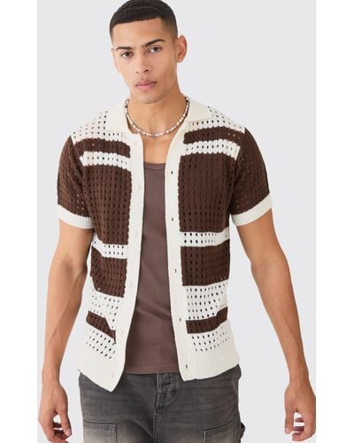 BoohooMAN Open Stitch Striped Knitted Shirt In Orange - White