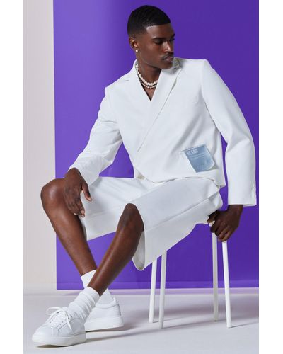 BoohooMAN Boxy Fit Cropped Blazer With Wrap Over Detailing In White - Lila