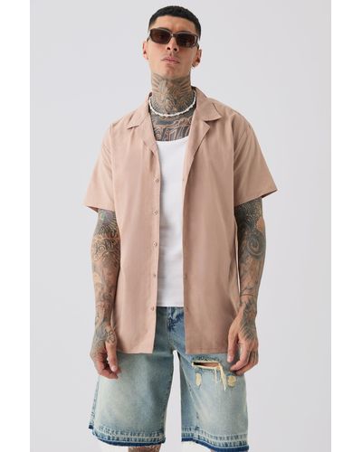 BoohooMAN Tall Linen Oversized Revere Shirt In Taupe - Blue
