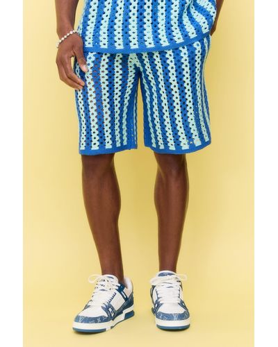 BoohooMAN Relaxed Open Stitch Stripe Knitted Shorts - Blue