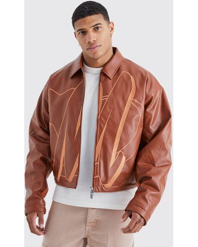 BoohooMAN Boxy Pu Contrast Embroidery Bomber - Brown