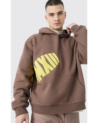 BoohooMAN Tall Oversized Boxy Borg Applique Hoodie - Brown