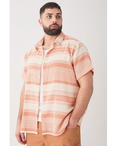 BoohooMAN Plus Short Sleeve Oversized Textured Stripe Shirt In Stone - Pink