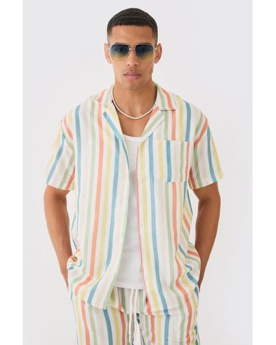 BoohooMAN Short Sleeve Oversized Revere Stripe Shirt - White