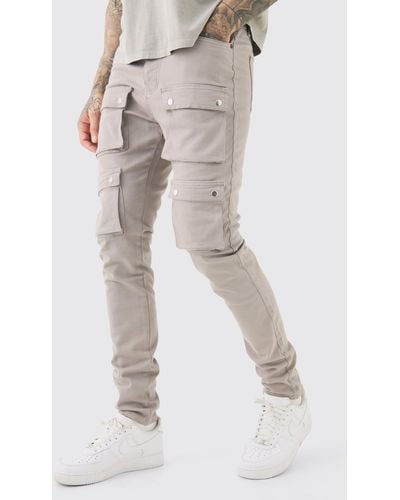 BoohooMAN Tall Fixed Waist Skinny Multi Cargo Pocket Pants - Natural