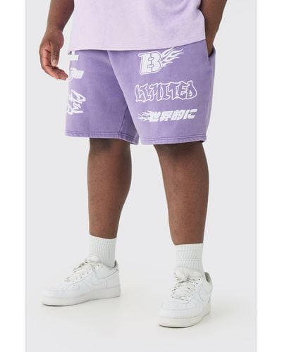 Boohoo Plus Relaxed Moto Puff Print Washed Shorts - Purple