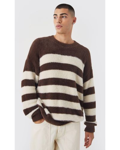 BoohooMAN Oversized Stripe Fluffy Jumper - Brown