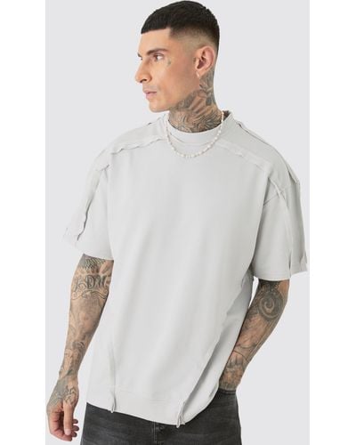 BoohooMAN Tall Oversized Extended Neck Distressed Seam T-shirt - White