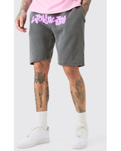 Boohoo Tall Loose Fit Overdye Worldwide Graffiti Jersey Shorts - Grey