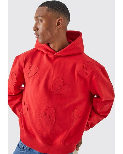 Boohoo Oversized Boxy All Over Heart Applique Hoodie - Red